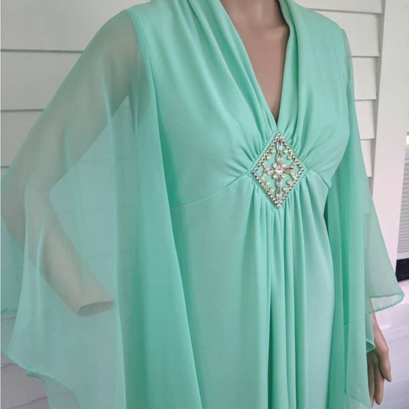 70s Maxi Dress Seafoam Sheer Sleeves S - Picture 2 of 7